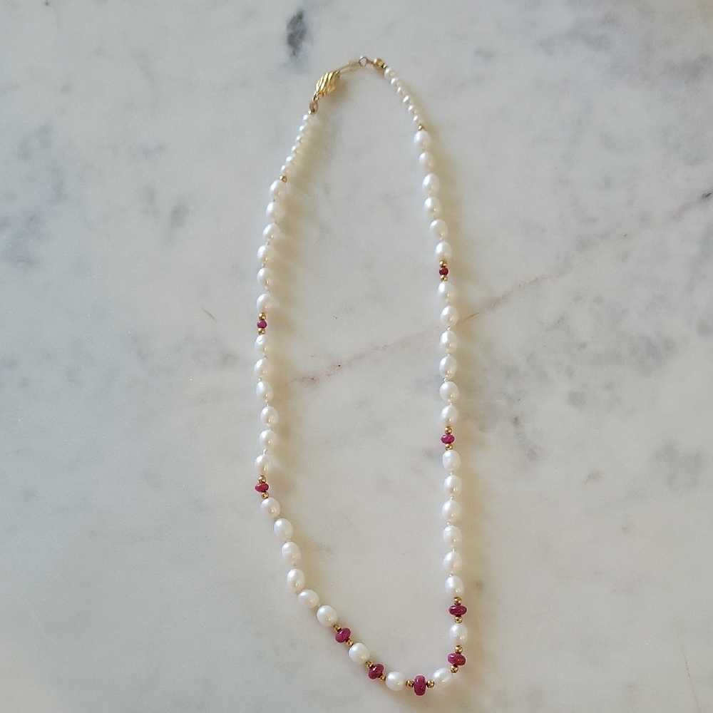 14K Pearl and Rubies Beads Necklace
